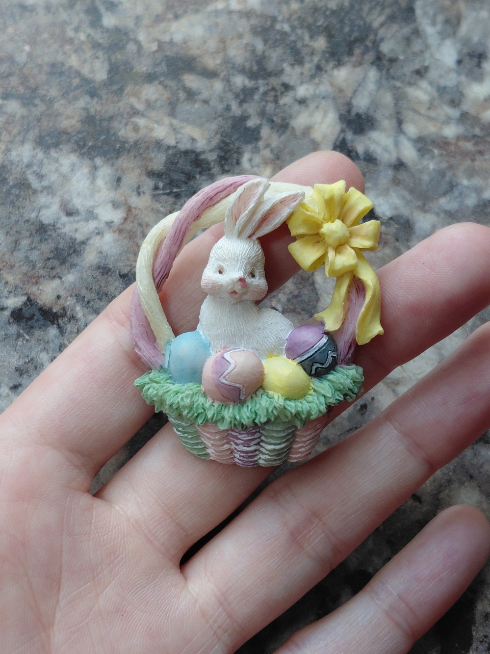 Easter Bunny with Eggs, Bow and Basket Vintage Pastel Brooch Lapel Pin